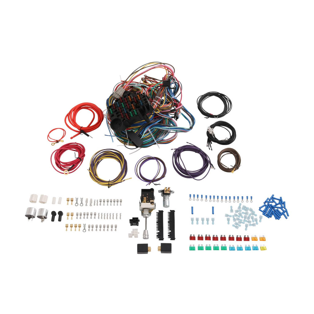 Universal 22-circuit wiring harness kit with wiring bundles, connectors, and hardware included