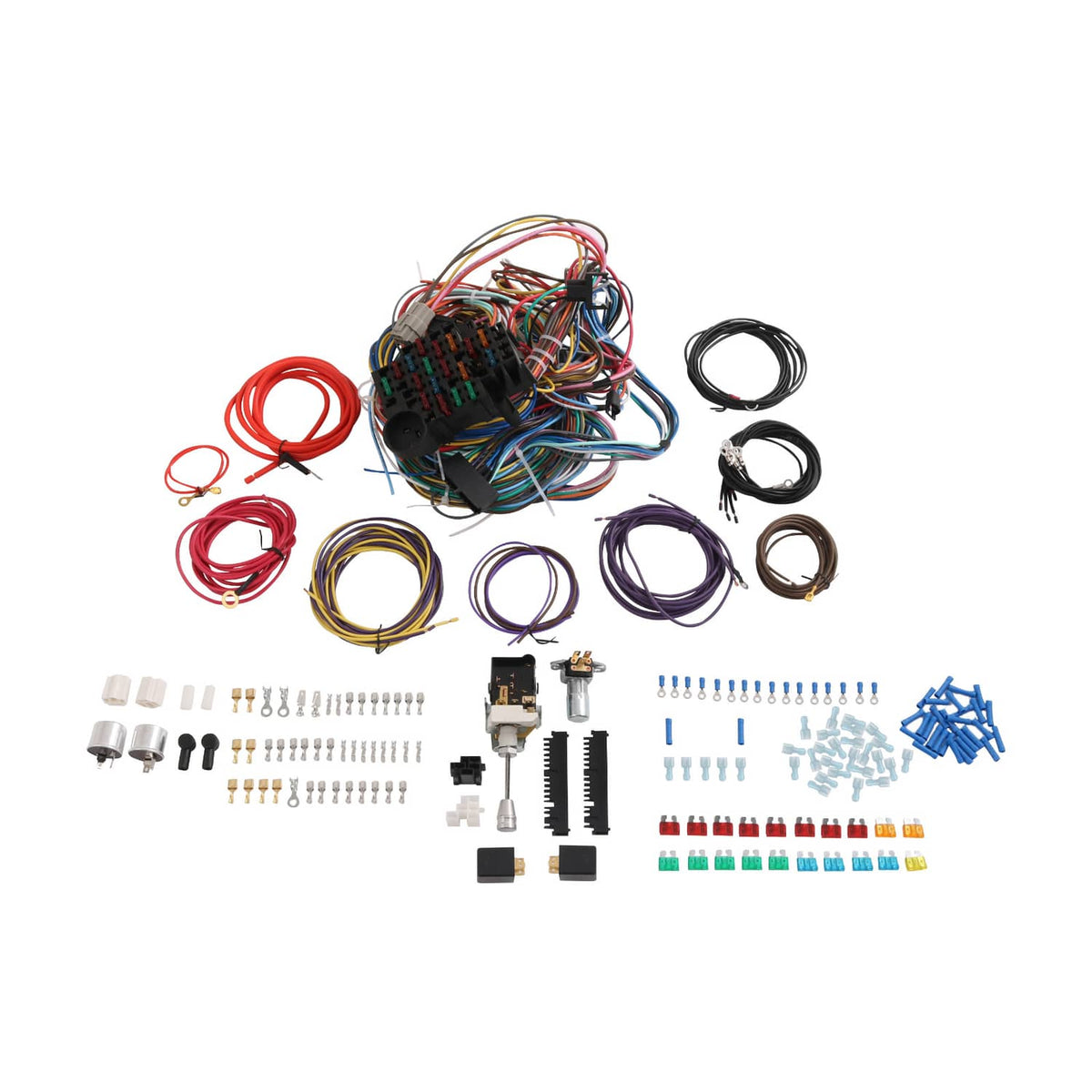 Universal 22-circuit wiring harness kit with wiring bundles, connectors, and hardware included