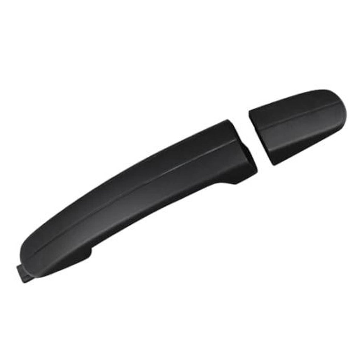 Black exterior door handle with small base tab, paintable finish