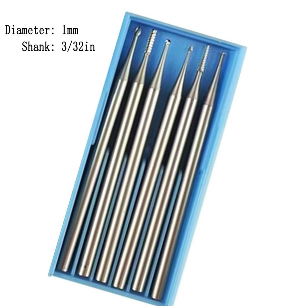6 tungsten engraving bits, 1mm diameter heads, 3/32in shanks in blue tray