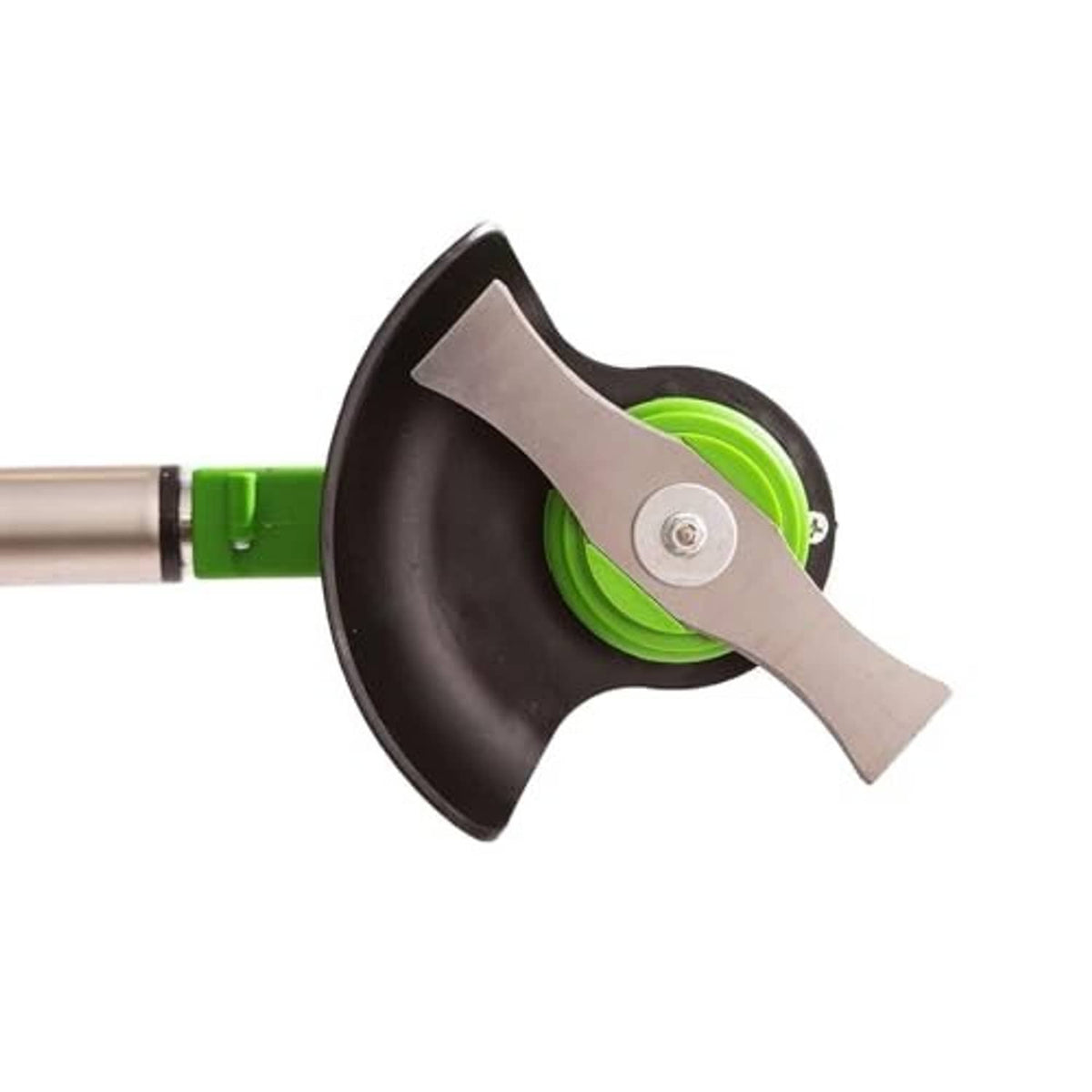 Metal cutting blade on black trimmer head with green guard ring