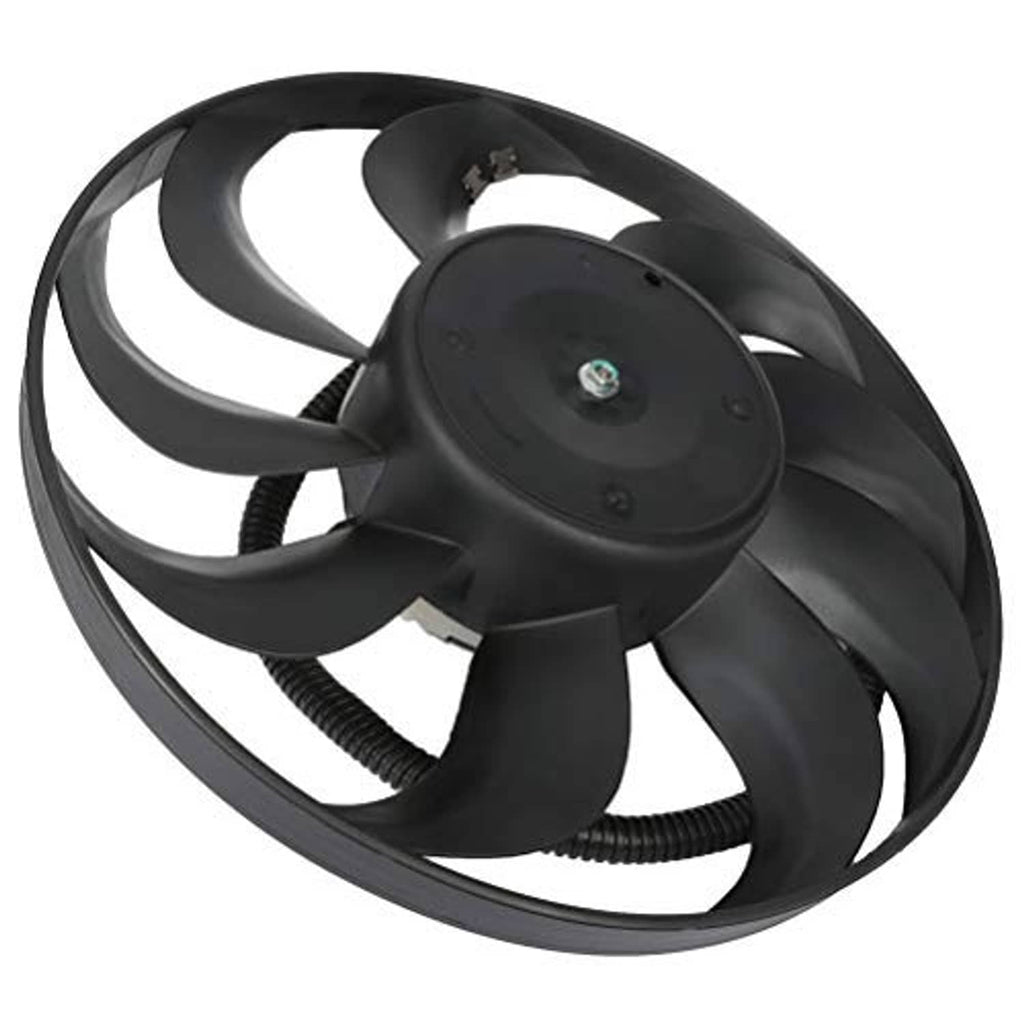 Condenser cooling fan assembly with black fan shroud and central hub with screw