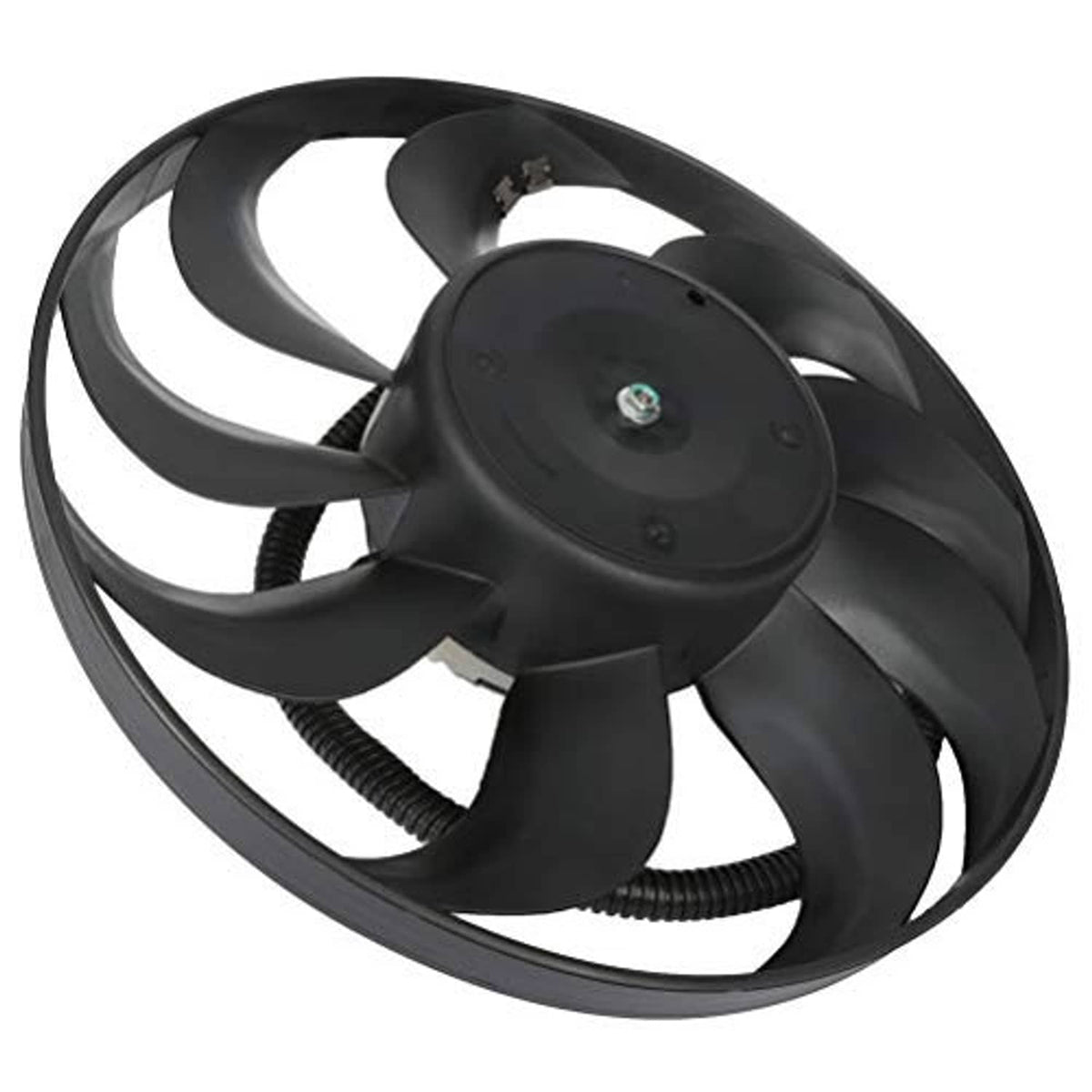 Condenser cooling fan assembly with black fan shroud and central hub with screw