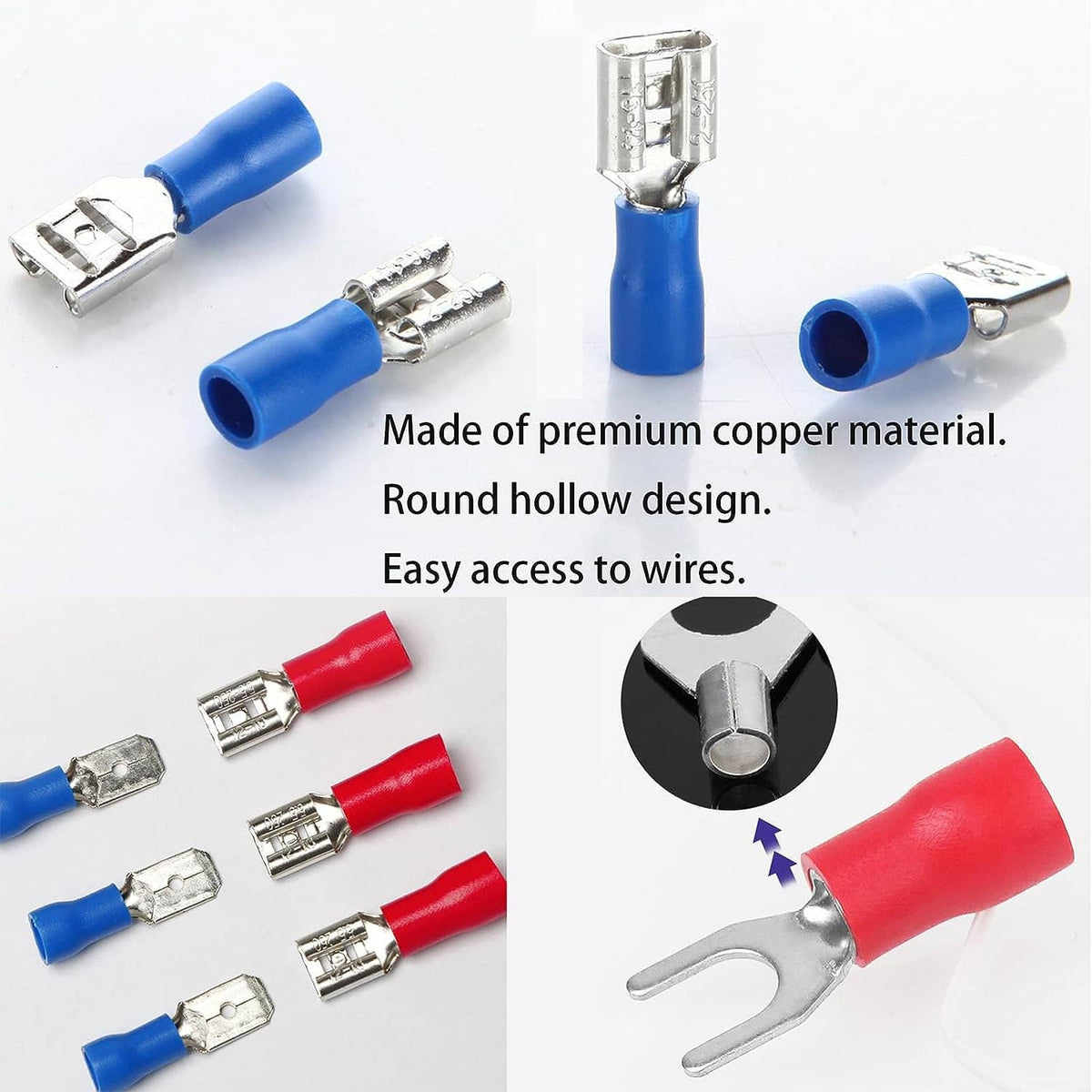 Insulated spade crimp connector set with blue and red sleeves and metal terminals