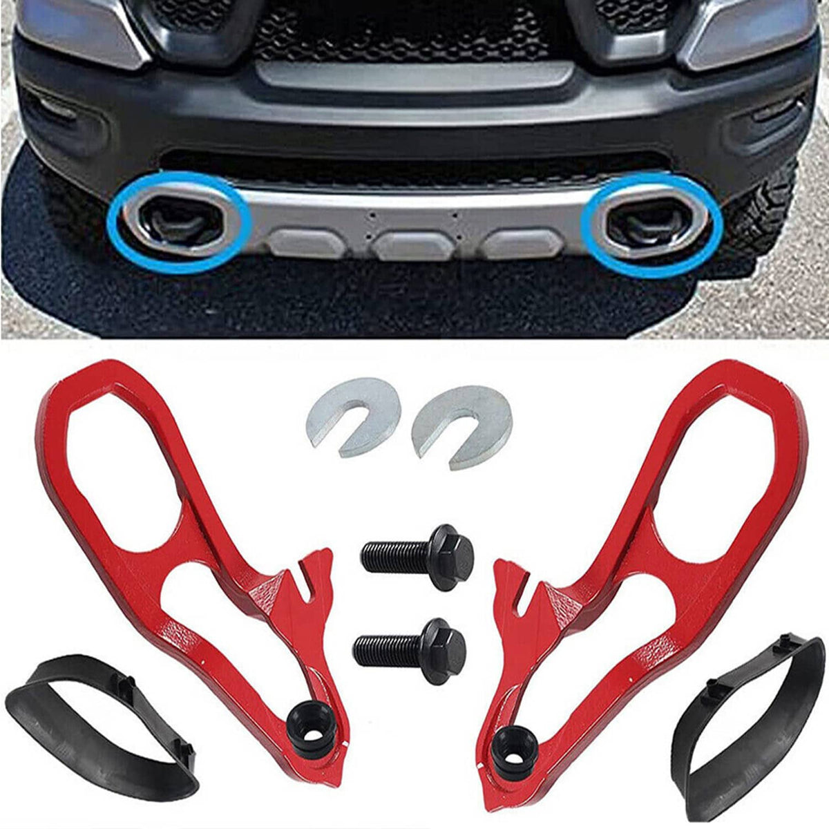 Pair of red tow hooks with black rubber mounting brackets and screws