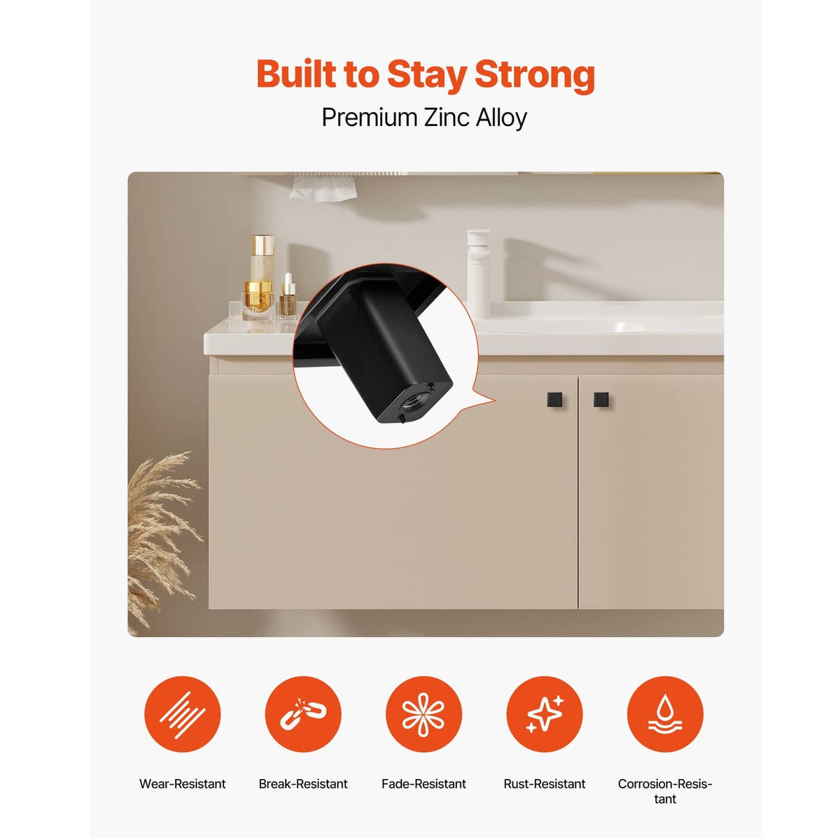 Black square cabinet knob on a flat cabinet door panel