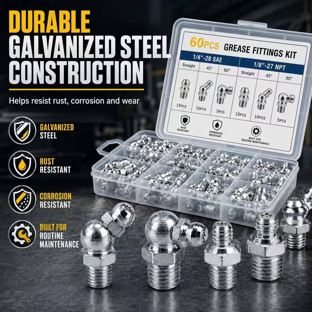 Galvanized steel grease fittings kit with clear case and assorted chrome fittings