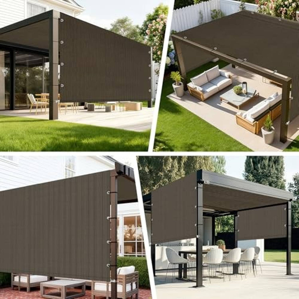 Dark brown pergola shade cover shown on outdoor frame for side and top coverage
