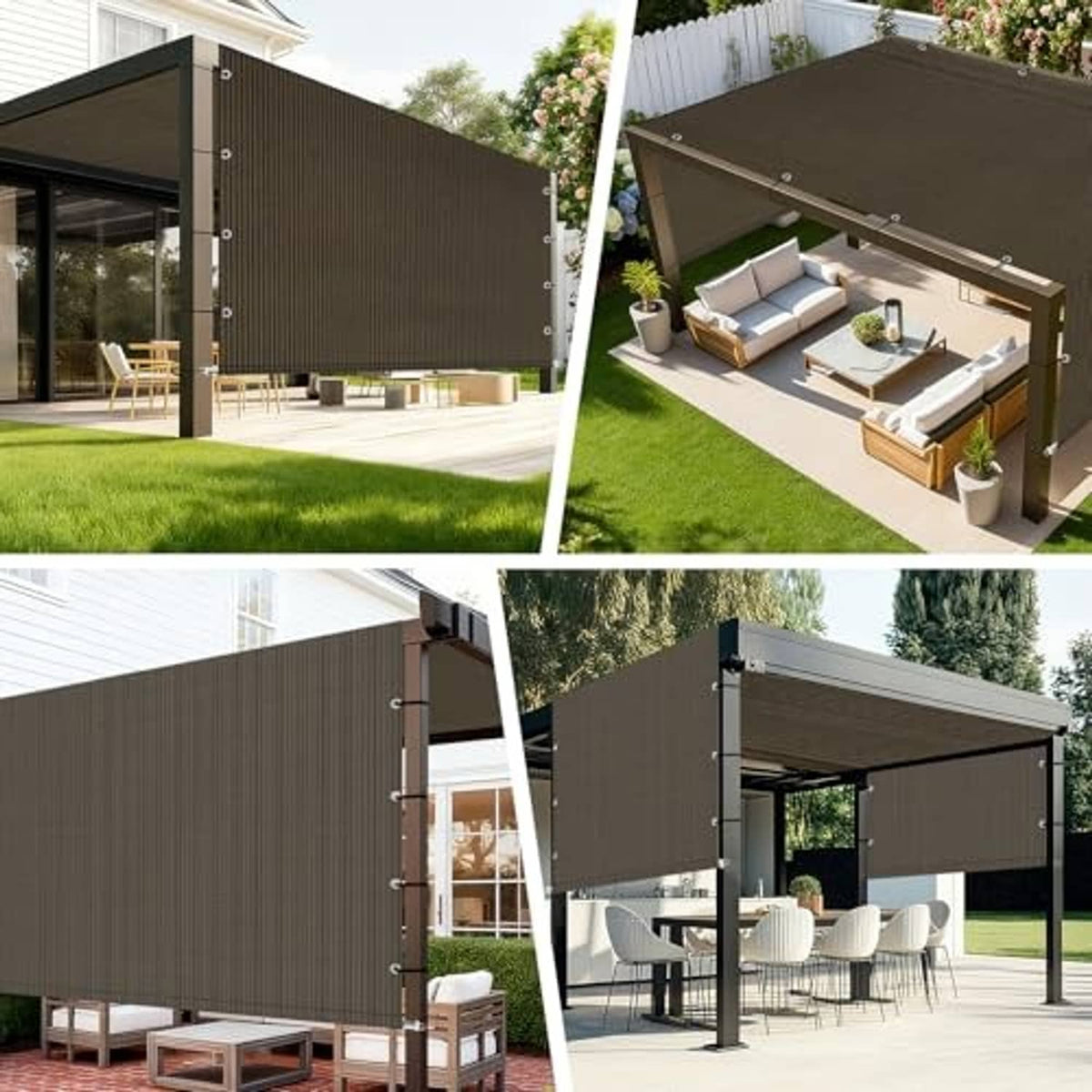 Dark brown pergola shade cover shown on outdoor frame for side and top coverage