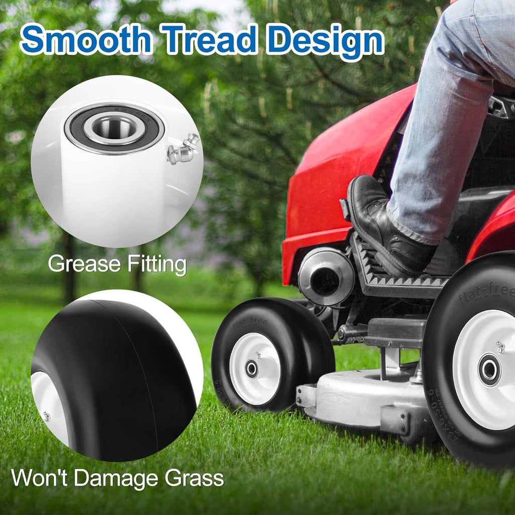 Lawn mower solid tire with wheel and bearing, black tire with white rim on mower.
