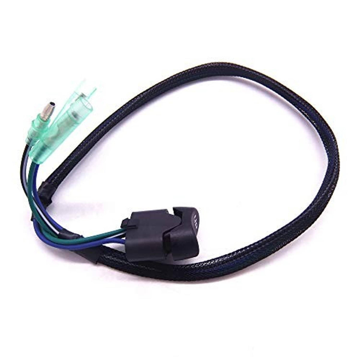 Boat power trim tilt switch harness with black housing and green spade terminal ends