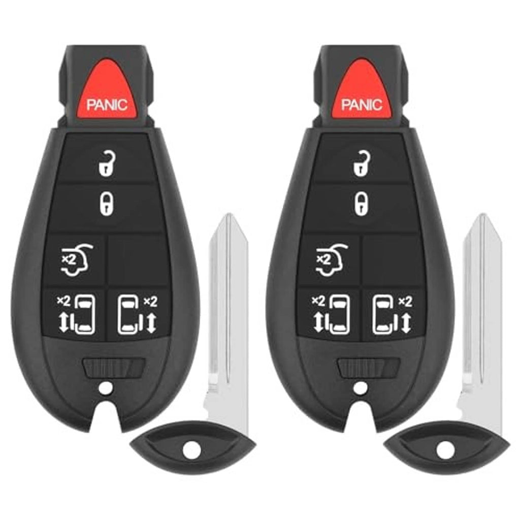 Black key fob with red PANIC button shown from back, key blade and cover pieces