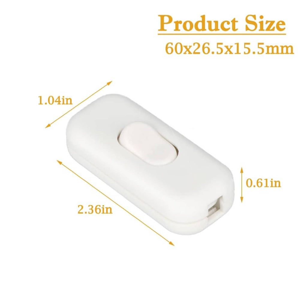 Inline cord switch, white housing with rocker on/off; compact inline design.