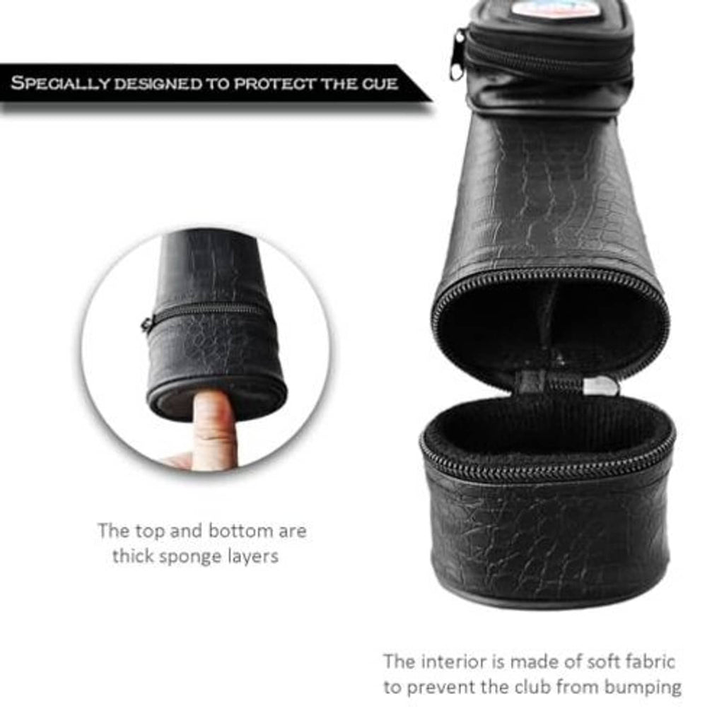 Black pool cue case with cushioned top and bottom inserts and soft interior