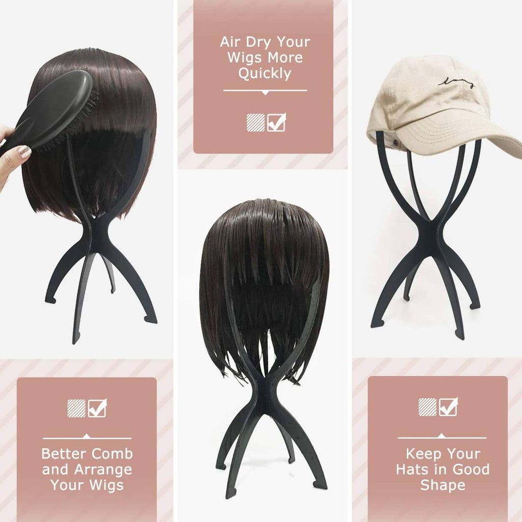 Black wig head stand holding a short dark wig; three curved support feet