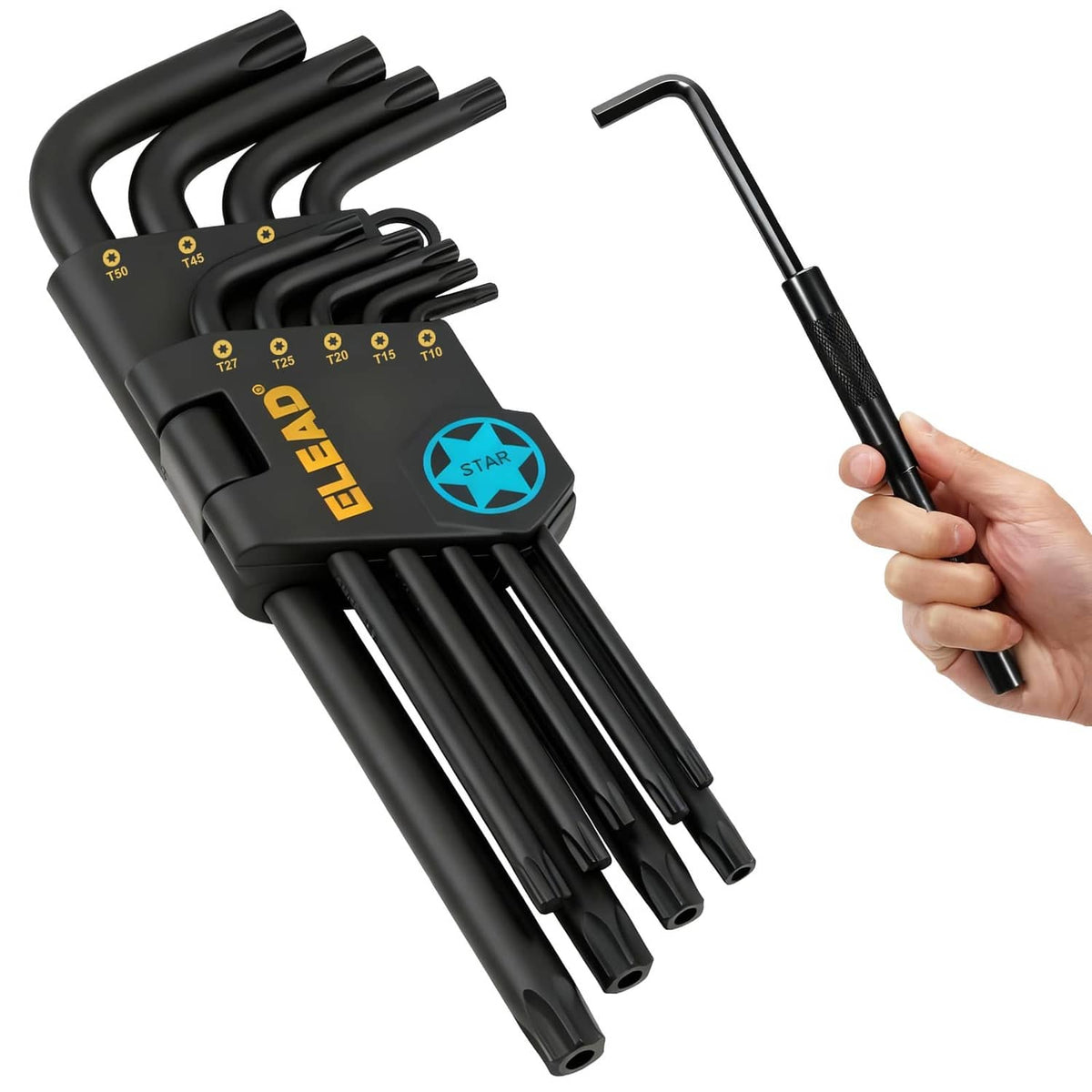Black Torx star Allen wrench set with extension bar, held in hand