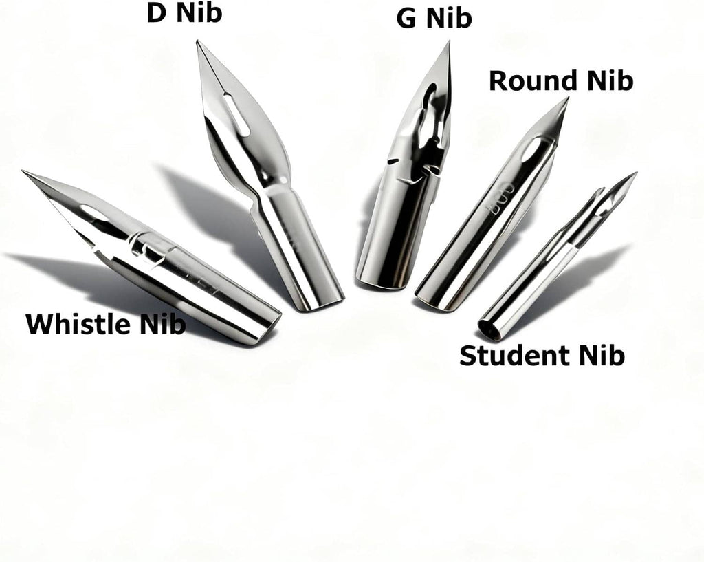 Assorted metal dip pen nibs with pointed tips in a variety of shapes