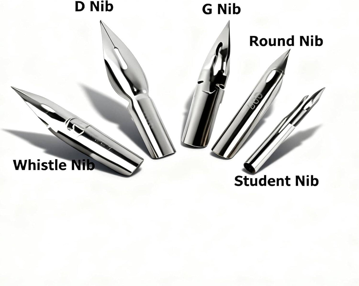 Assorted metal dip pen nibs with pointed tips in a variety of shapes