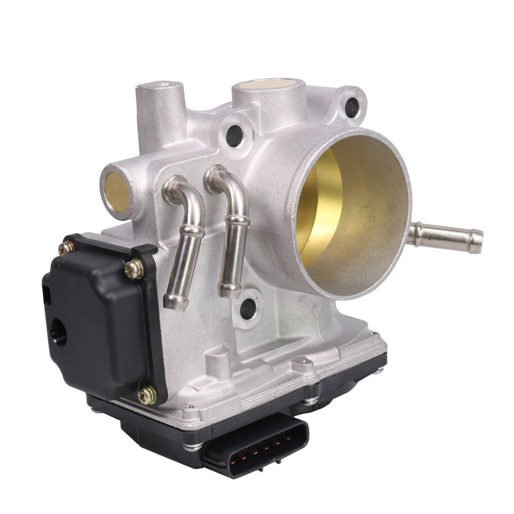 Electronic throttle body angled view with silver housing, gold bore, black sensor module and ports
