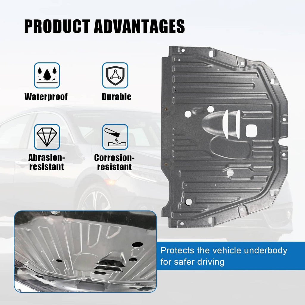 Dark gray underbody splash guard, ridged steel panel with cutouts and mounting holes