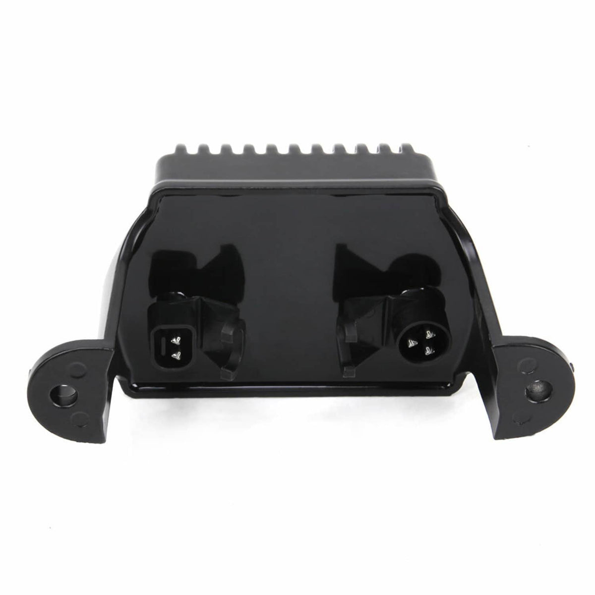 Black voltage regulator rectifier with top cover and two front electrical sockets