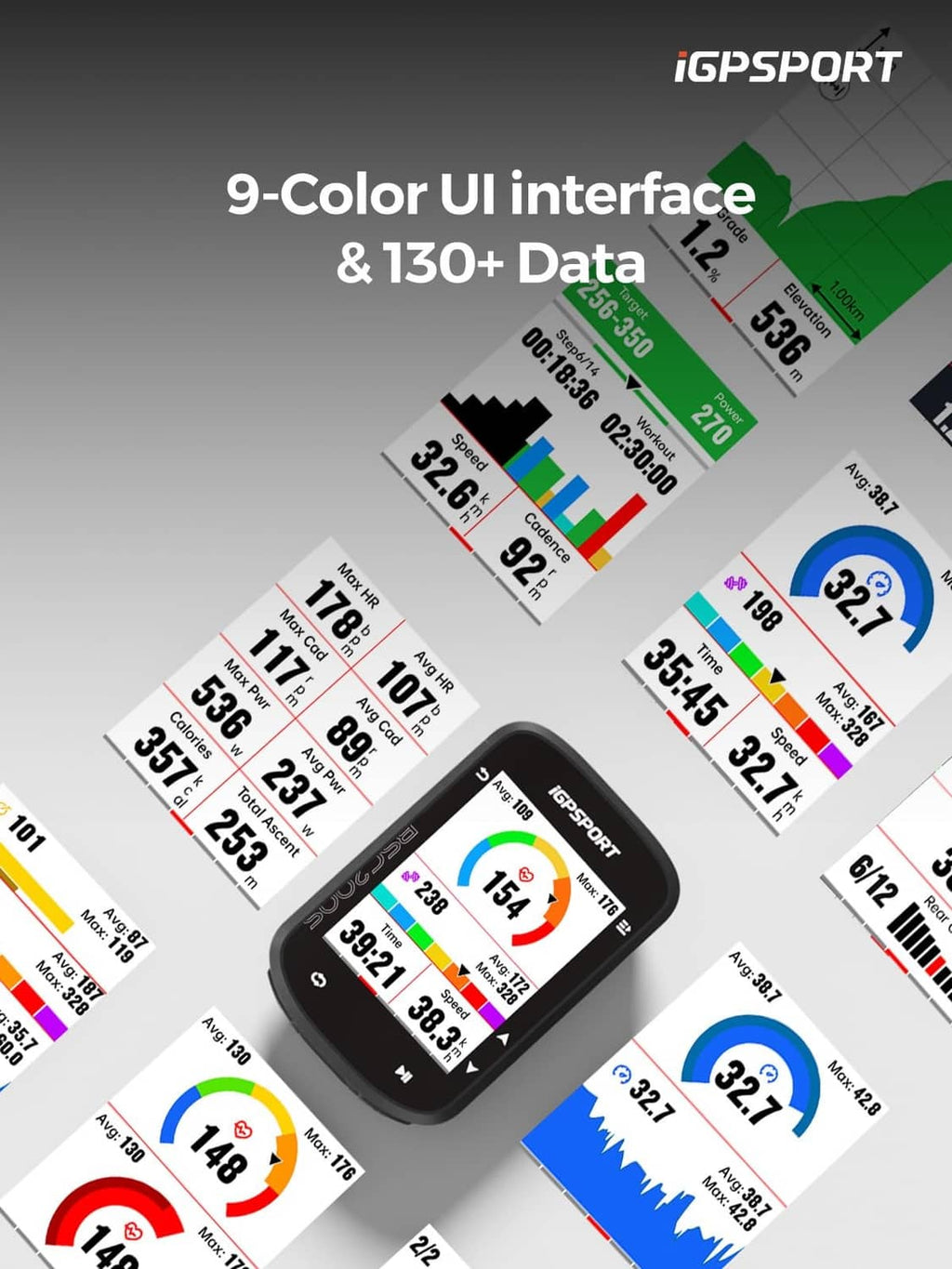 GPS bike computer with 9-color UI and colorful data cards on screen
