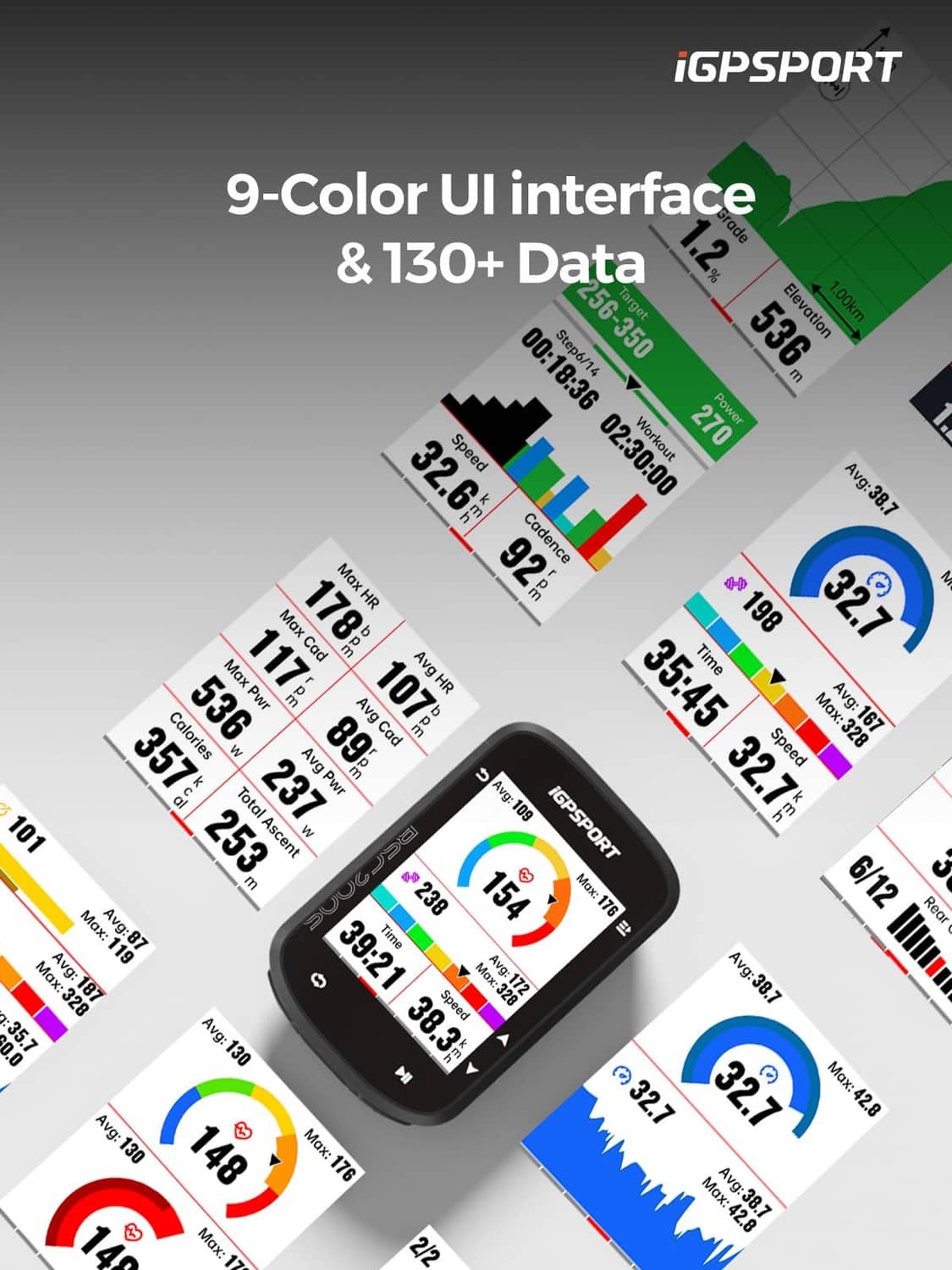 GPS bike computer with 9-color UI and colorful data cards on screen