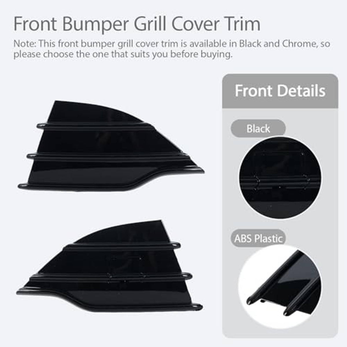 Front bumper grille cover trim in black, ABS plastic, front details