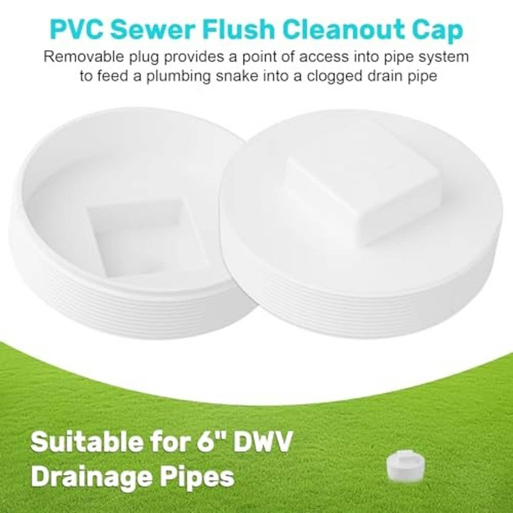 Pair of white PVC flush cleanout caps, one shown from the side with ribbed rim