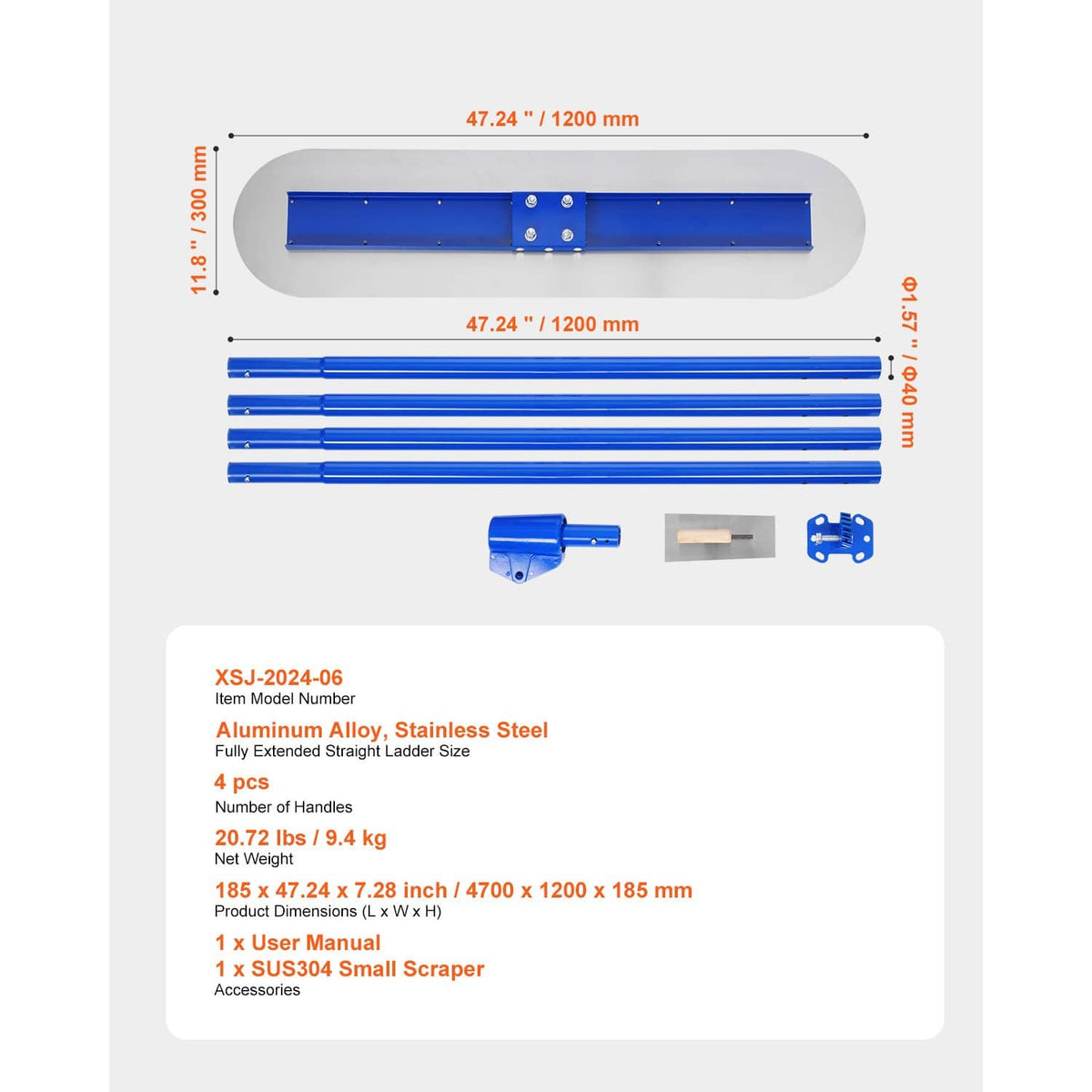 Concrete bull float kit with blue blade, four extended handles, and scraper parts
