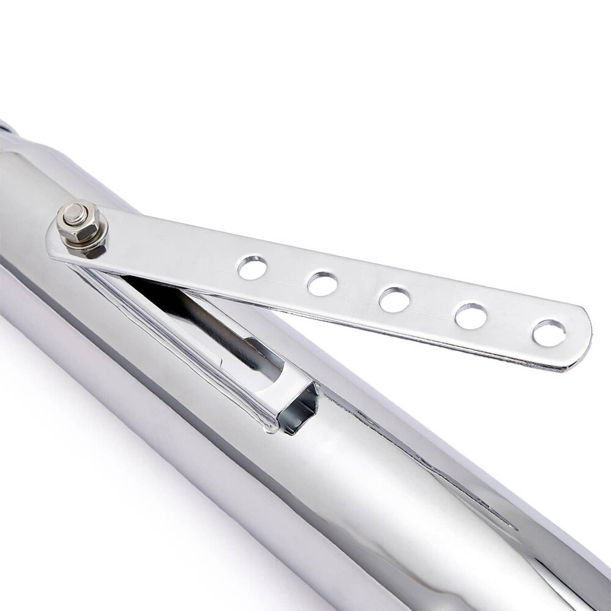 Chrome motorcycle exhaust muffler with perforated strap bracket and mounting slots