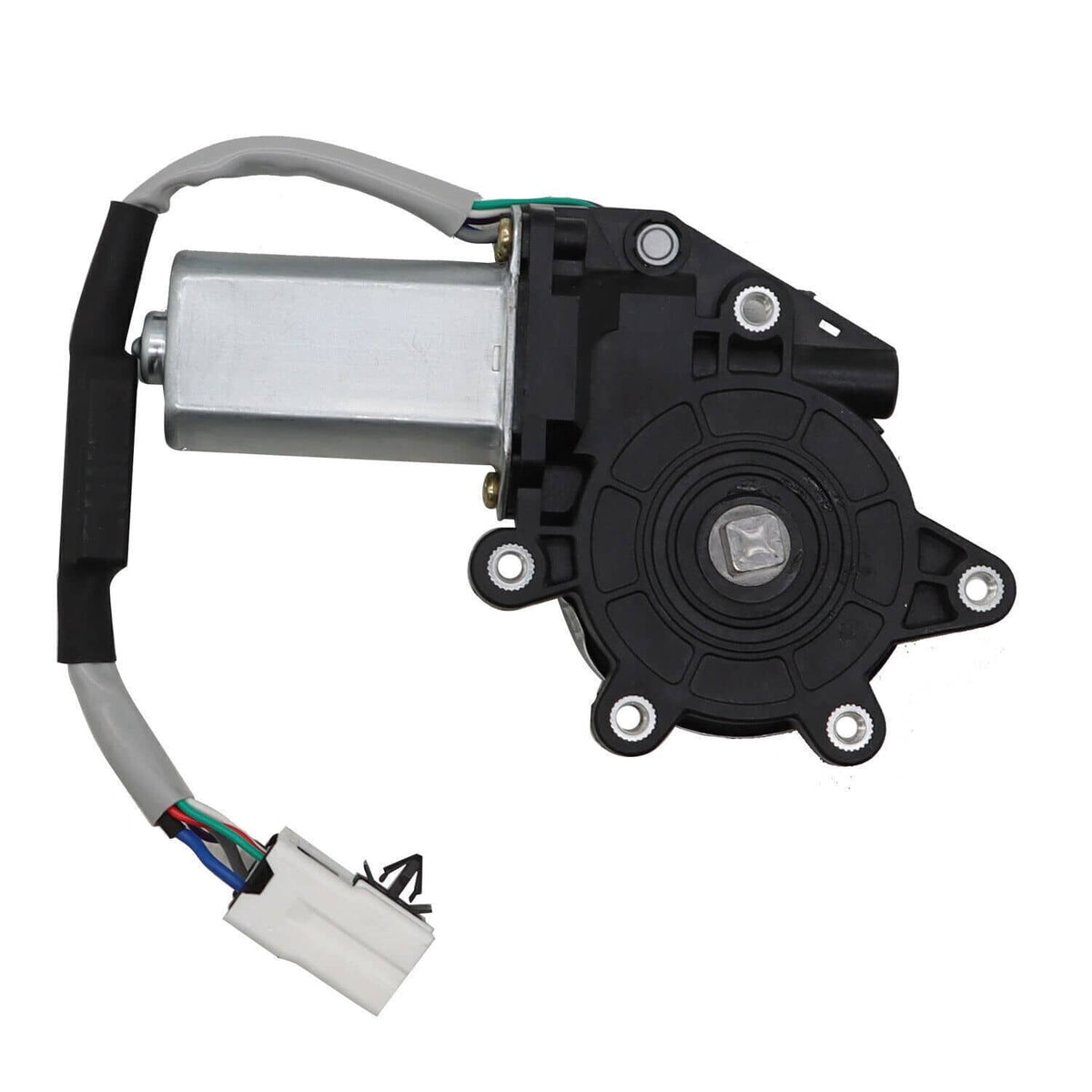 Right power window lift motor with gray actuator, black gear housing, and leads