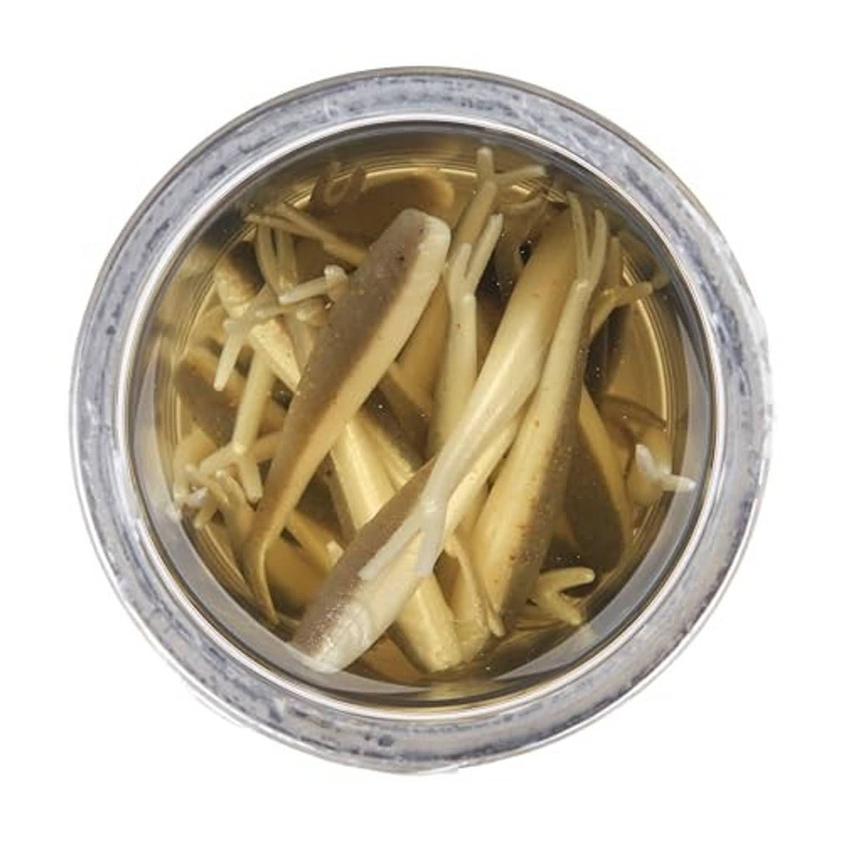 Open bait jar filled with pale smelt-style soft plastic pieces