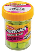 Berkley Powerbait chartreuse trout nuggets in clear jar with orange lid, original scent