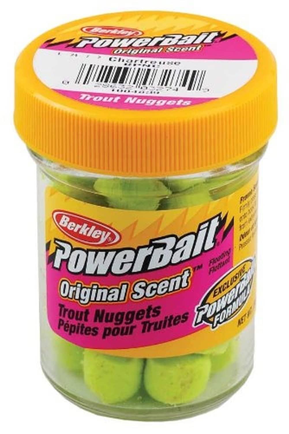 Berkley Powerbait chartreuse trout nuggets in clear jar with orange lid, original scent