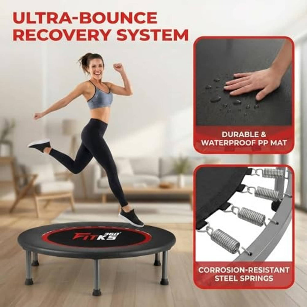 Foldable trampoline with black bounce mat, red-ring edge, and safety pad details