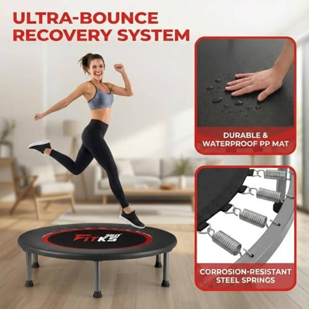 Foldable trampoline with black bounce mat, red-ring edge, and safety pad details