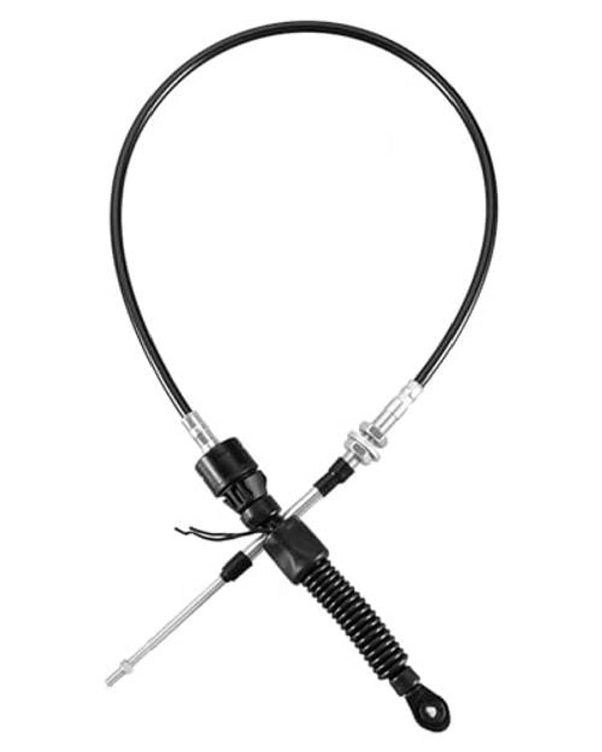Transmission shift cable assembly with black housing and spring, featuring two metal control rods