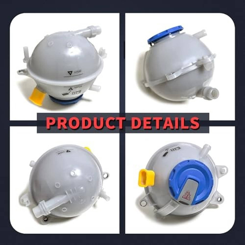 Engine coolant overflow reservoir tank shown from multiple angles, blue cap and yellow outlet.