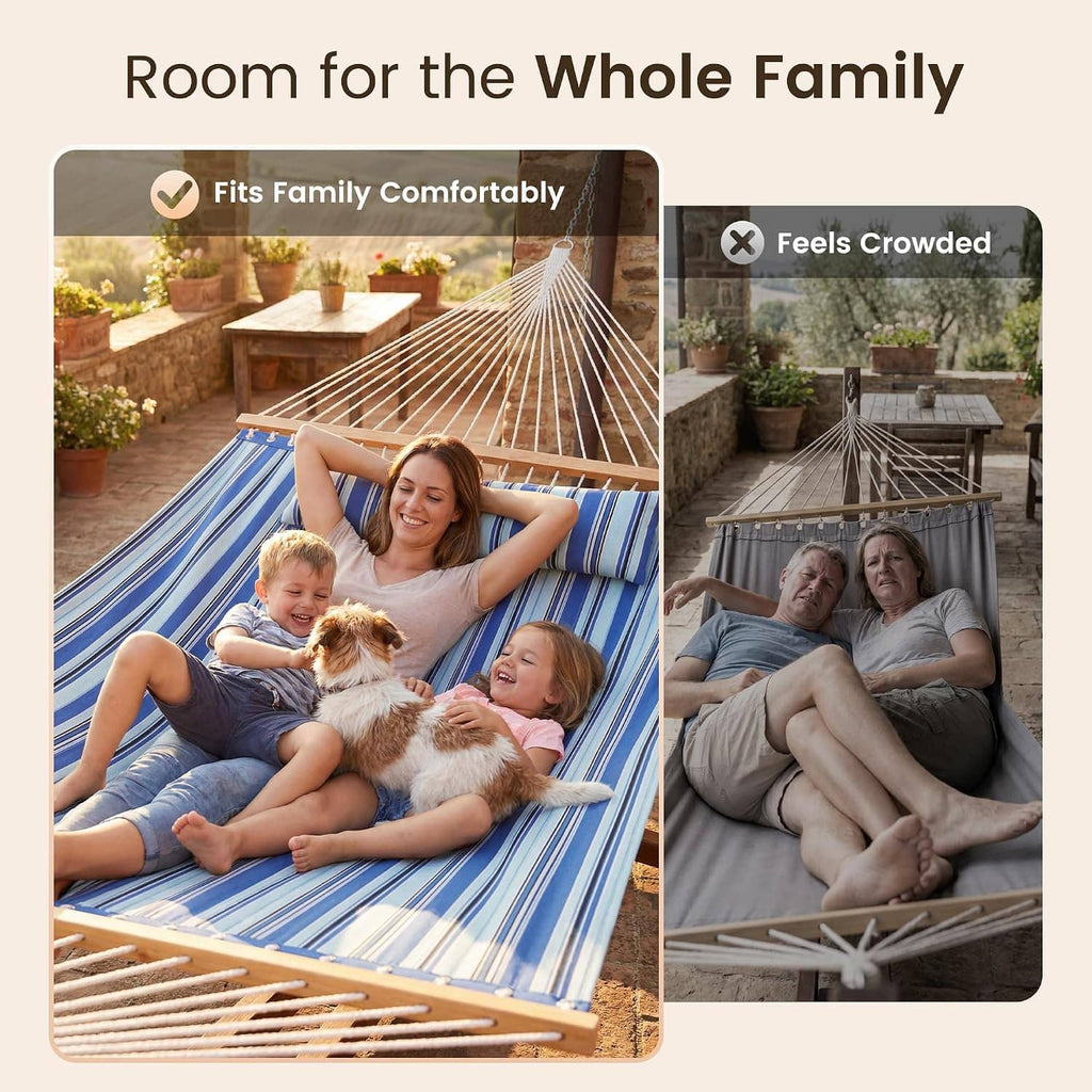 Blue and white striped family double hammock with wooden spreader bar and hanging ropes