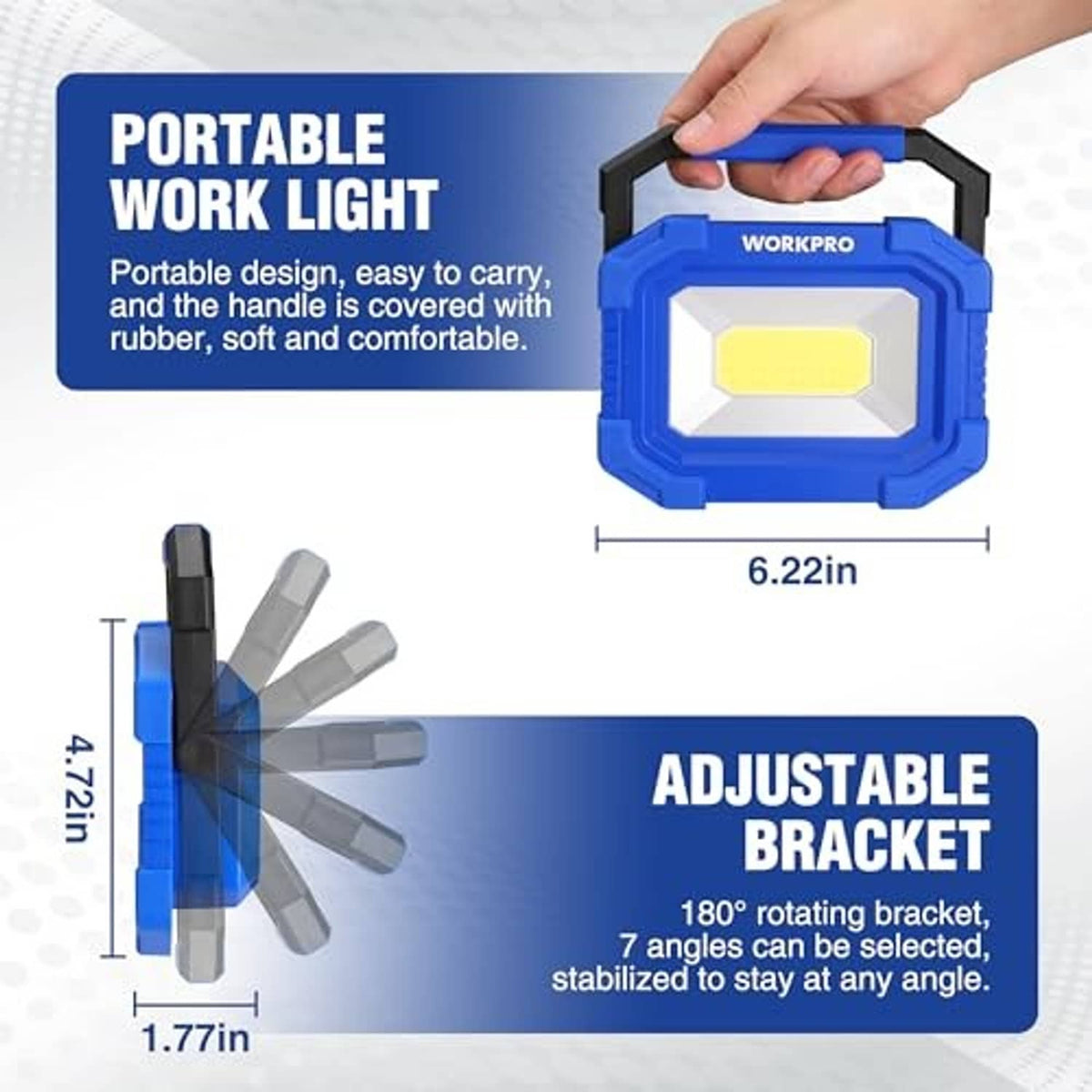 Portable blue LED work light with carry handle and adjustable 180° bracket