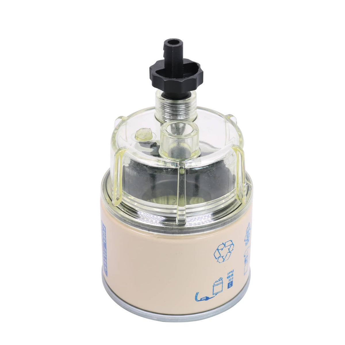 R12T spin-on fuel filter water separator with clear bowl and black top drain assembly