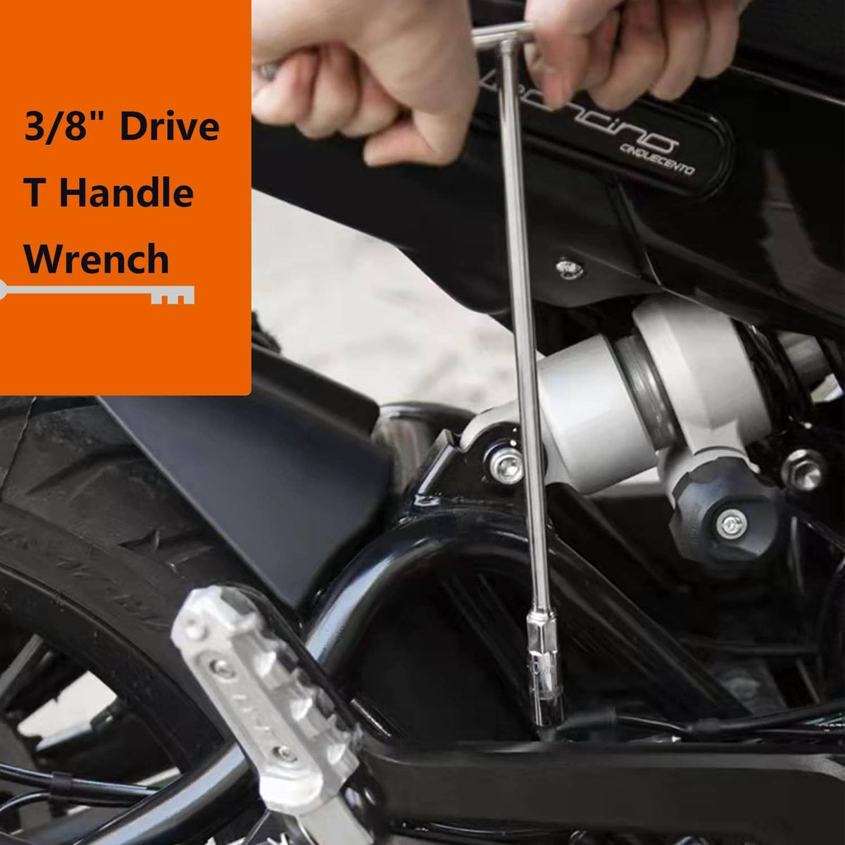 Chrome 3/8-inch drive T-handle wrench tightening a fastener