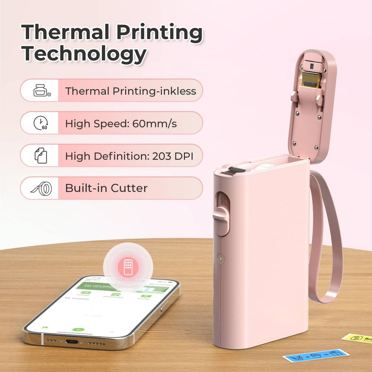 Pink thermal label printer with built-in cutter and phone printing