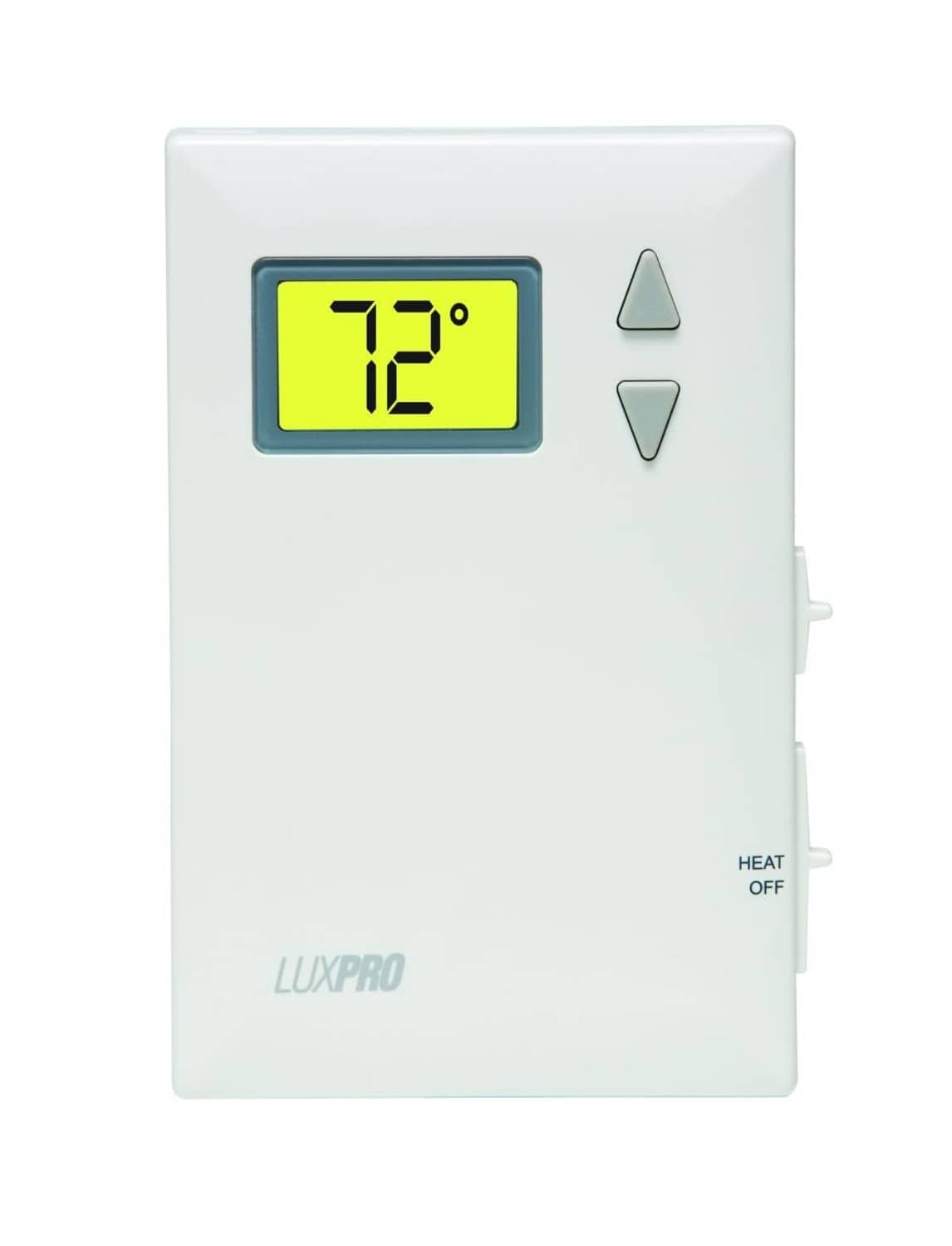 White mechanical non-programmable thermostat with backlit display and up/down buttons