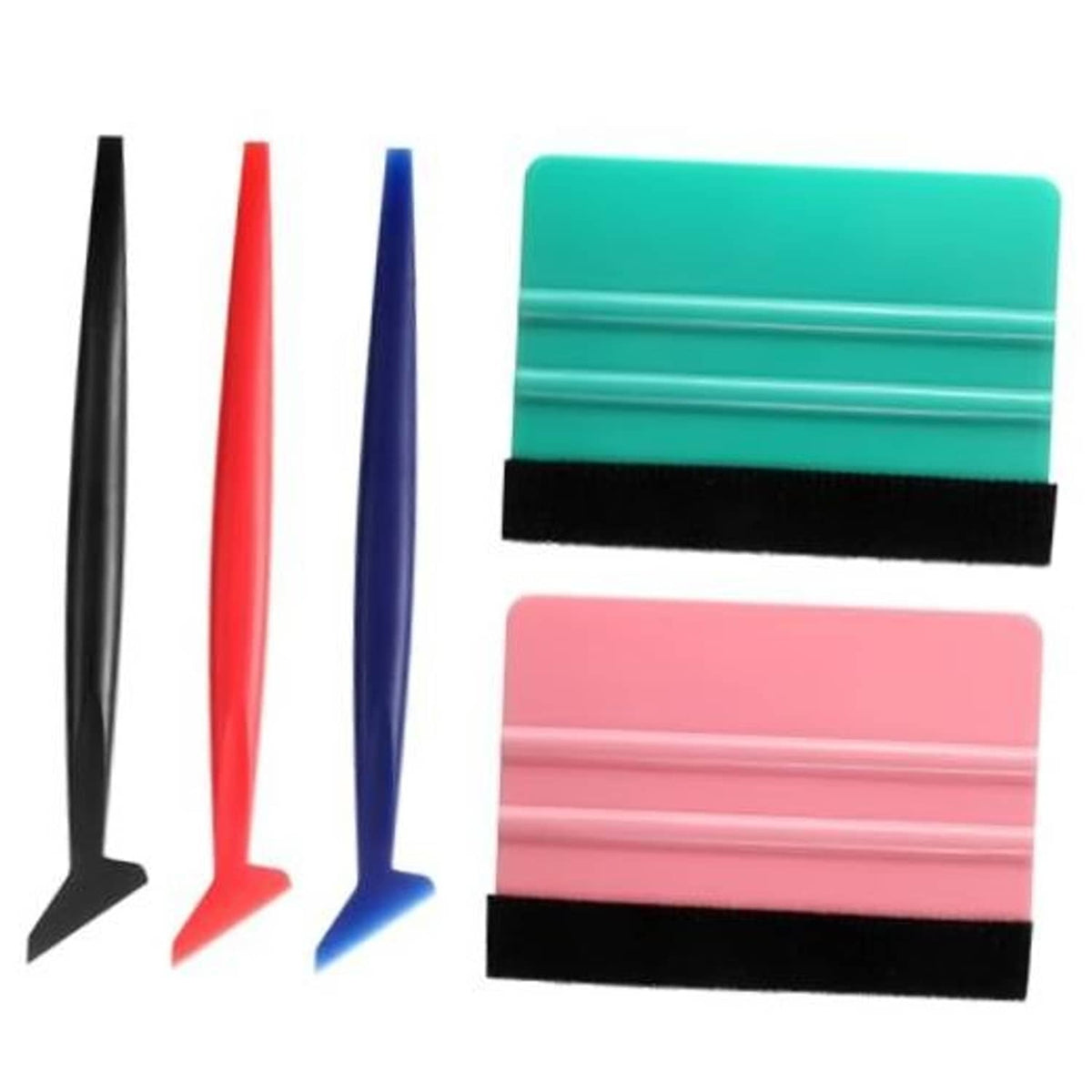 Vinyl wrap squeegee set with felt pads, black/red/blue and green/pink blades