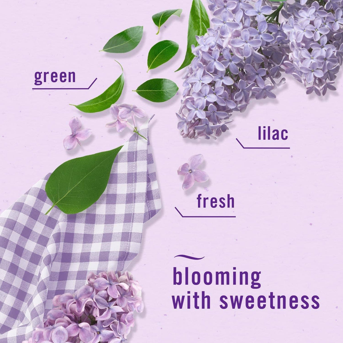 Lilac fragrance graphic with purple blossoms, green leaves, and scent label arrows