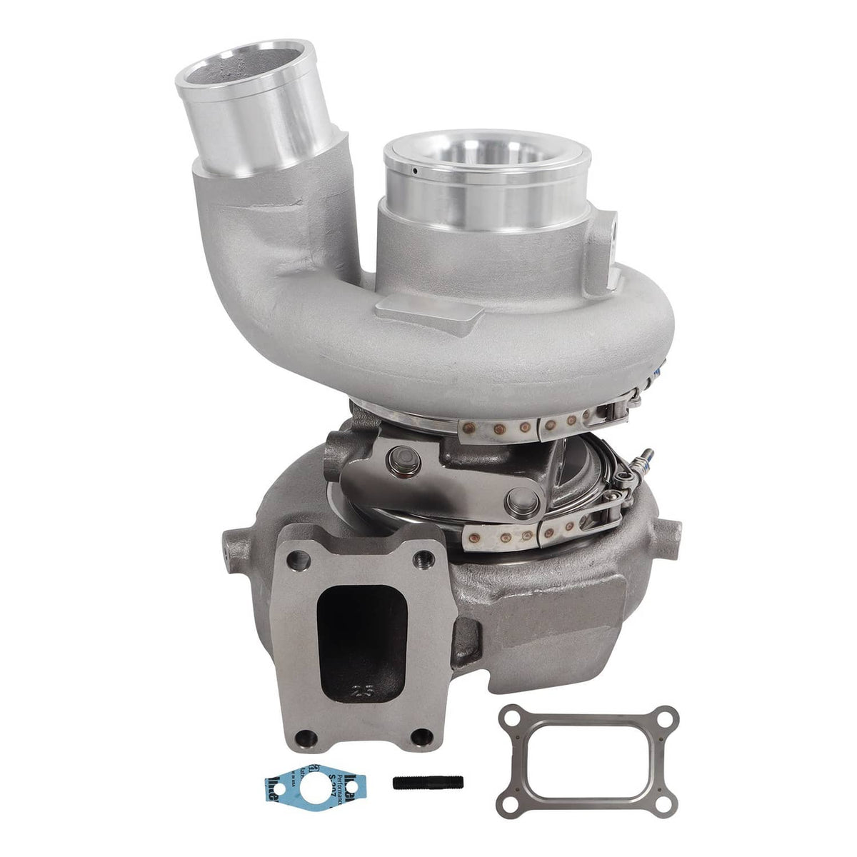 Turbocharger assembly with aluminum compressor housing and steel turbine housing
