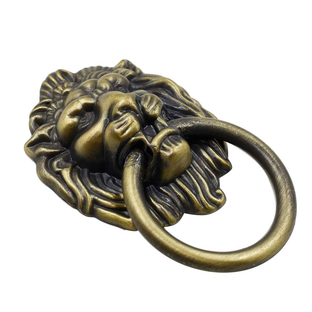 Bronze lion head cabinet knob pull with ring handle, side angle view