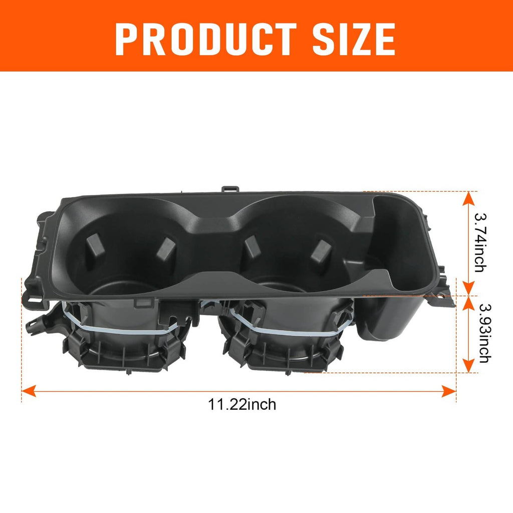 Black two-cup center console cup holder insert with dimensions marked on the panel